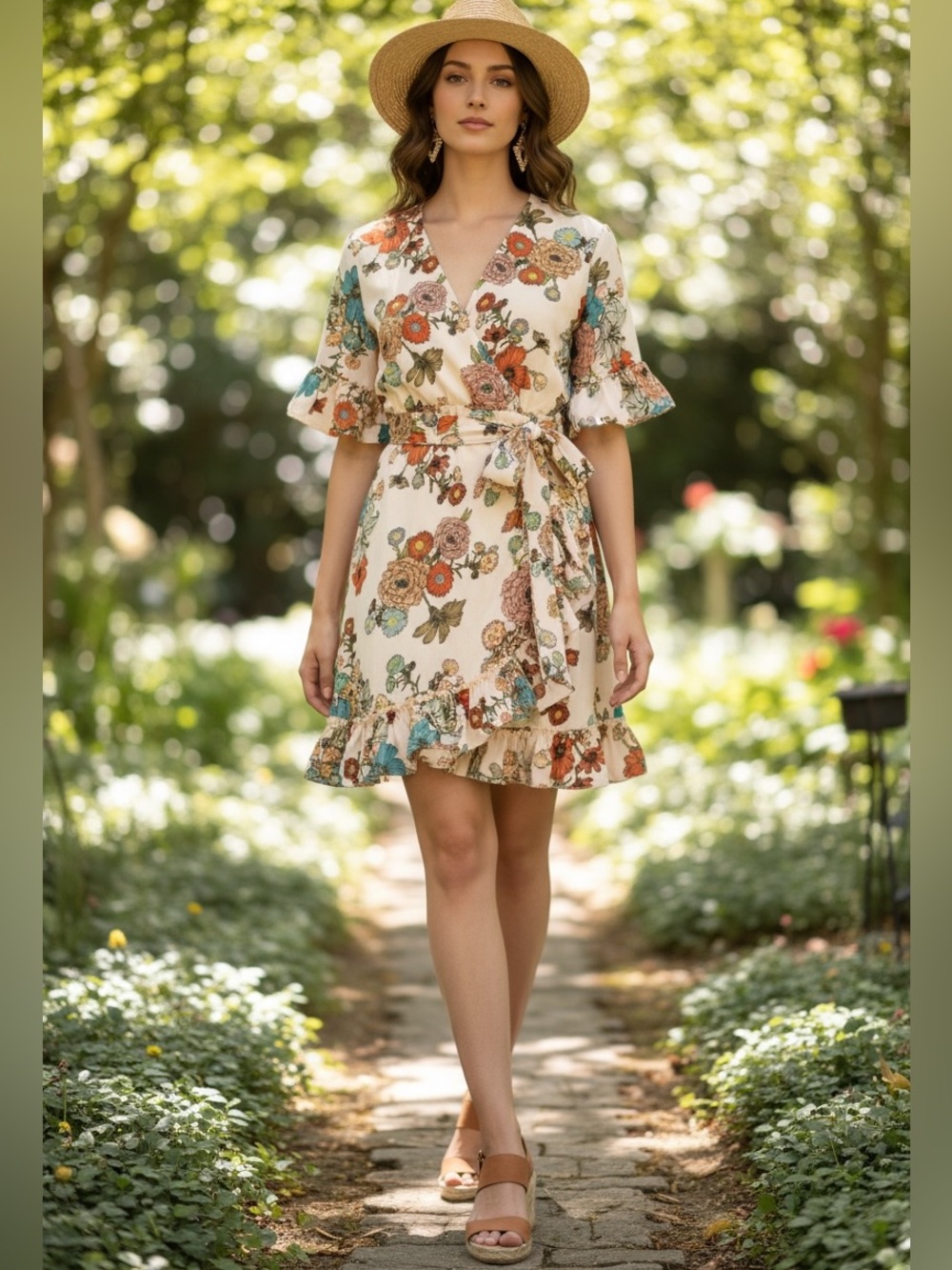 NEW Vintage Floral Print Cream Mock Wrap Ruffle Dress Sash Waist Women Small - Picture 2 of 8